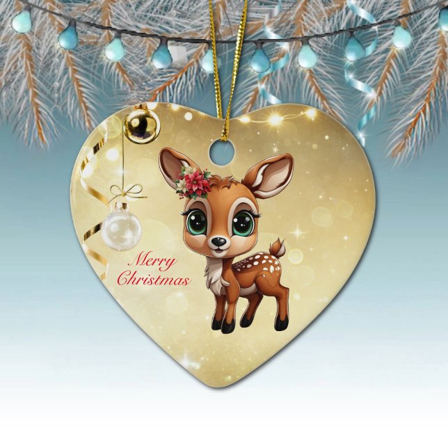 Ornamento De Cerâmica Querida Veado, Fawn, Doce 🦌 🎄 Dourado Feliz Nata (Baby Deer, Floral Fawn, Cute Doe Poinsettia Flower Merry Christmas Gold Heart Ceramic Ornament 🦌🎄)