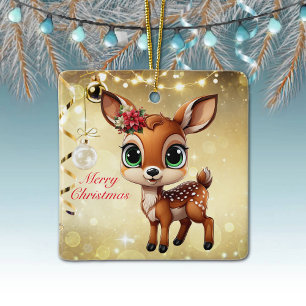Ornamento De Cerâmica Querida Veado, Fawn, Doce 🦌 🎄 Dourado Feliz Nata