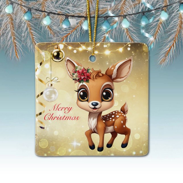 Ornamento De Cerâmica Querida Veado, Fawn, Doce 🦌 🎄 Dourado Feliz Nata (Baby Deer, Floral Fawn, Doe Poinsettia Customizable Merry Christmas Gold Square Ceramic Ornament🦌🎄)
