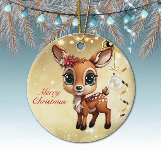 Ornamento De Cerâmica Querida Veado, Fawn, Doce 🦌 🎄 Dourado Feliz Nata (Cute Baby Deer, Fawn, Doe🦌Poinsettia Reindeer Antlers Merry Christmas🎄Gold Round Ceramic Ornament)