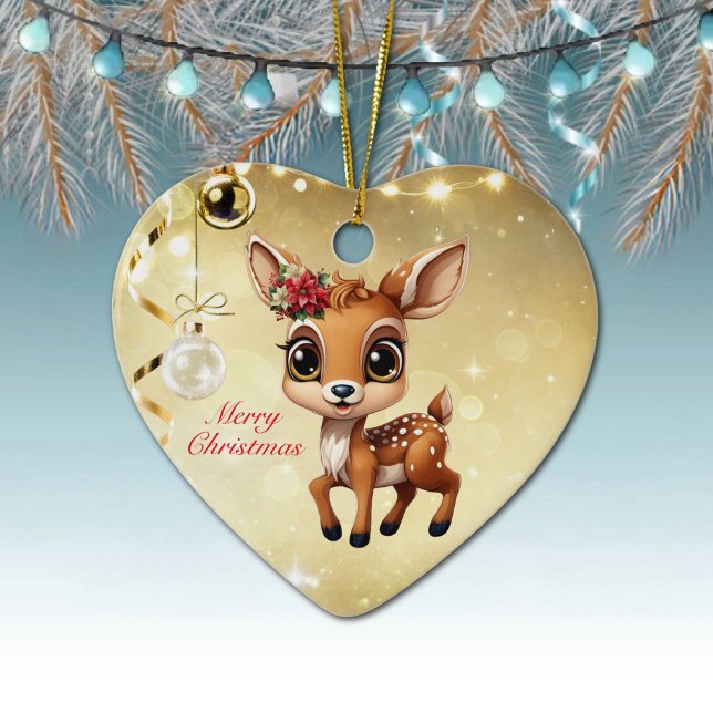 Ornamento De Cerâmica Querida Veado, Fawn, Doce 🦌 🎄 Feliz Natal (Baby Deer, Floral Fawn, Cute Doe Poinsettia Flower Merry Christmas Gold Heart Ceramic Ornament 🦌🎄)