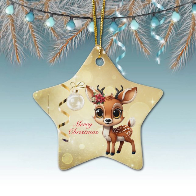 Ornamento De Cerâmica Querida Veado, Fawn, Doe, Reindeer 🦌 🎄 Feliz Nat (Wildlife Reindeer Decor Xmas Fawn Fun Holiday Doe Animal Merry Christmas 
Gold Star Ornament 🦌🎄)