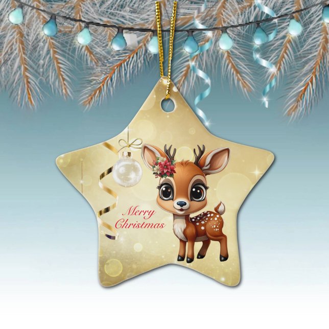 Ornamento De Cerâmica Querida Veado, Fawn, Doe, Reindeer 🦌 🎄 Feliz Nat (Custom Reindeer Decor Xmas Fawn Fun Holiday Doe Animal Merry Christmas 
Gold Star Ornament 🦌🎄 )
