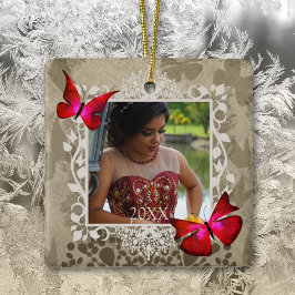 Ornamento De Cerâmica Quinceanera Keepsakift, Red Butterflies Foto