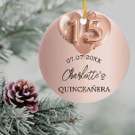 Ornamento De Cerâmica Quinceanera rosa gold balloons name<br><div class="desc">Um ornamento para uma Quinceanera cinzenta e glamourosa,  15 aniversário. Um fundo rosa de gradiente dourado com balões rosa dourados. Personalize e adicione uma data e um nome.</div>