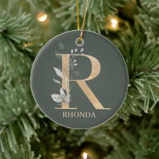 Ornamento De Cerâmica R Monograma Floral Personalizado