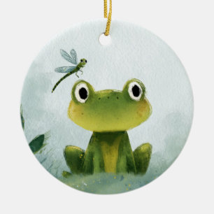 Ornamento De Cerâmica Rã Fofa & Libélula – Ilustração de Natureza Suave