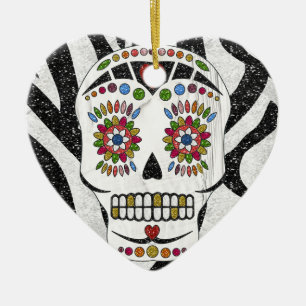 Ornamento De Cerâmica RAB Rockabilly Açúcar Caveira em Estampa de Zebra