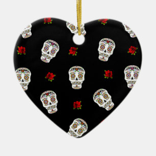 Ornamento De Cerâmica RAB Rockabilly Açúcares Caveiras Rosas Em Preto