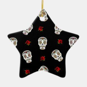 Ornamento De Cerâmica RAB Rockabilly Açúcares Caveiras Rosas Em Preto