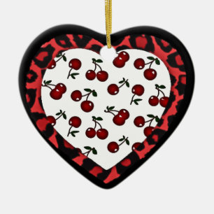 Ornamento De Cerâmica RAB Rockabilly Cherries Leopard Print Heart