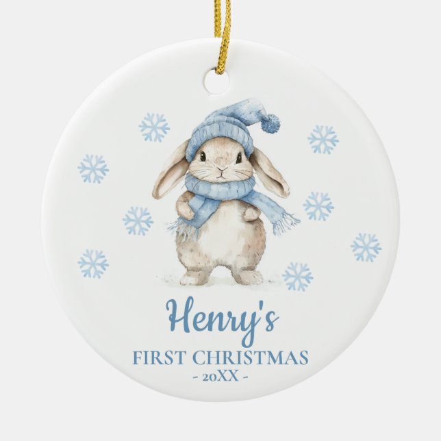 Ornamento De Cerâmica Rabbit Personalized Baby's First Christmas (Frente)