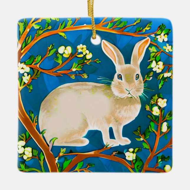 Ornamento De Cerâmica Rabbit selvagem e ramificações de flores (Frente)