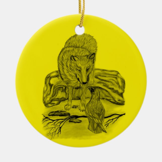 Ornamento De Cerâmica Rabe mit Wolf schwarz gelb Design (Frente)