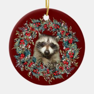 Ornamento De Cerâmica Raccoon Wildlife amante do Natal Vermelho