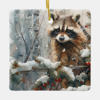 Ornamento De Cerâmica Raccoon Winter Scenge - Wildlife Ornament