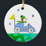 Ornamento De Cerâmica Race Car Driver Snowman<br><div class="desc">Um tema desportivo legal com um piloto de corrida de neve. Tocado atrás da roda pronto para ir... </div>