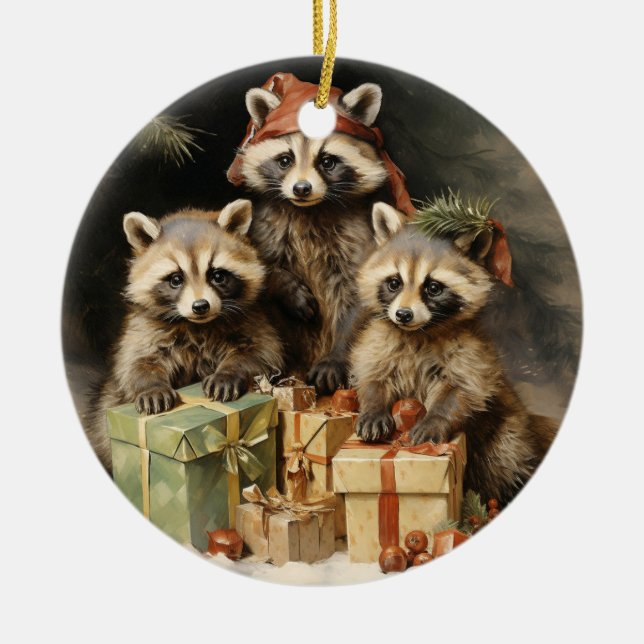 Ornamento De Cerâmica Racoons e Presentes de Natal (Frente)