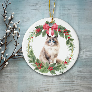Ornamento De Cerâmica Ragdoll Cat Red Arco Holly Wreath Cerâmica