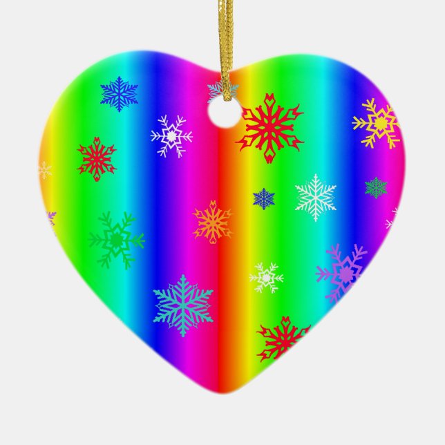 Ornamento De Cerâmica Rainbow Heart Snowflakes Flocos de Natal LGBTQ (Frente)