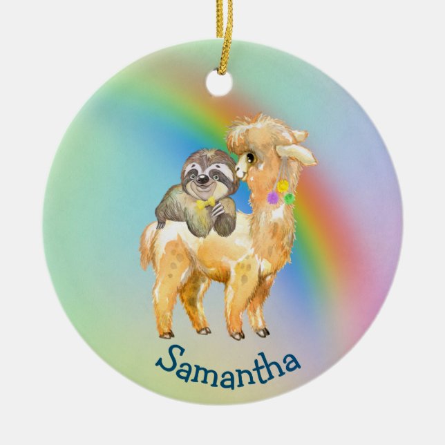 Ornamento De Cerâmica Rainbow Llama Sloth Personalizado Adorável (Frente)