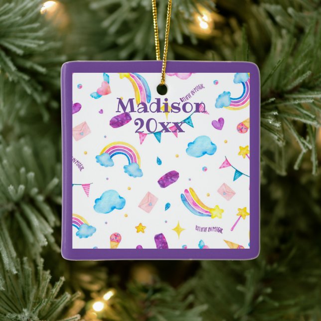 Ornamento De Cerâmica Rainbow Magical Purple Personalize Name Year Girly (Árvore)