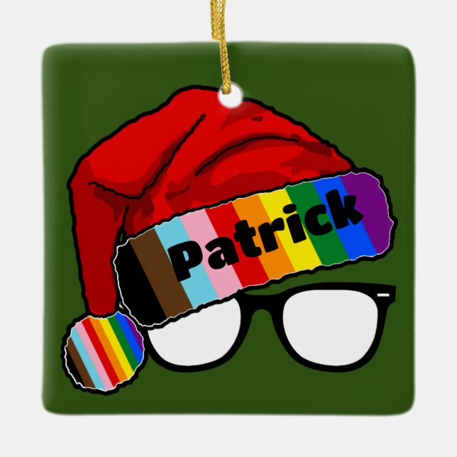 Ornamento De Cerâmica Rainbow Santa Hat com óculos (Frente)