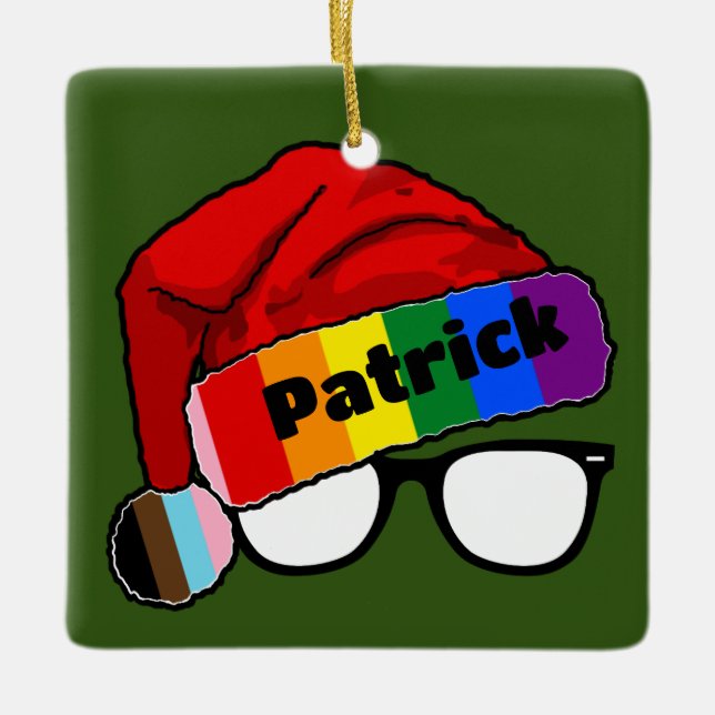 Ornamento De Cerâmica Rainbow Santa Hat com óculos (Frente)