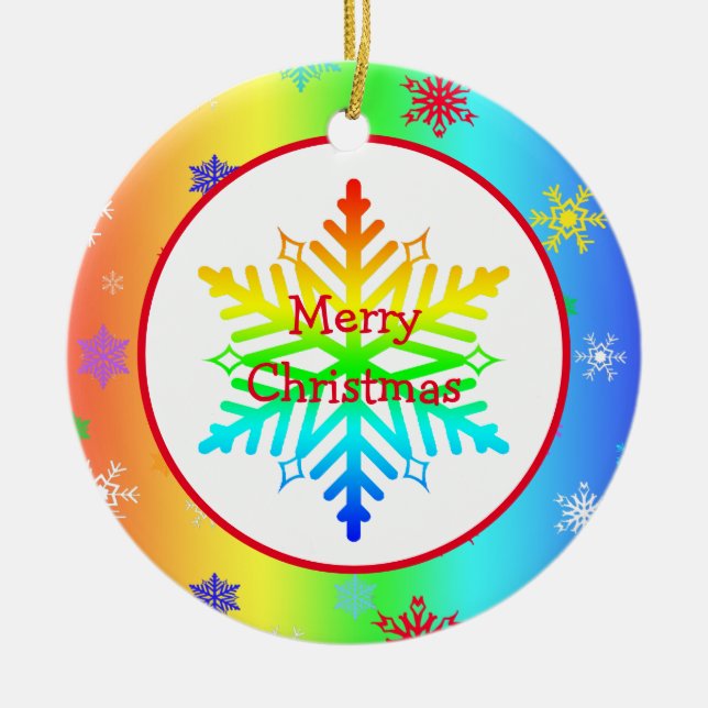 Ornamento De Cerâmica Rainbow Snowflakes Natal LGBTQ (Frente)