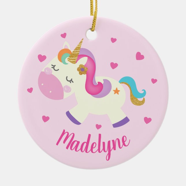 Ornamento De Cerâmica Rainbow Unicorn Glitter Christmas Pink Name (Frente)