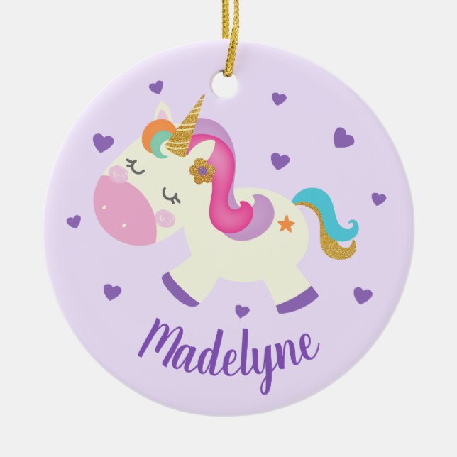 Ornamento De Cerâmica Rainbow Unicorn Glitter Christmas Purple Name (Frente)
