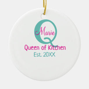 Ornamento De Cerâmica Rainha da cozinha monograma verde rosa simples mín