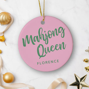 Ornamento De Cerâmica Rainha do Mahjong Nome Personalizado Rosa e Verde