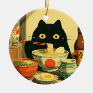 Ornamento De Cerâmica Ramen Comendo Gato Negro Engraçado