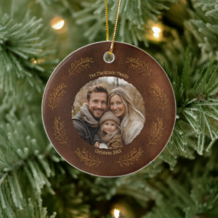Ornamento De Cerâmica Ramos Dourados Elegantes Foto de Família Natal Mar