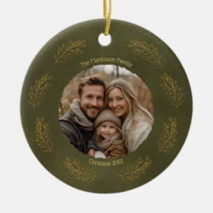 Ornamento De Cerâmica Ramos Elegantes de Ouro Foto de Família Natal