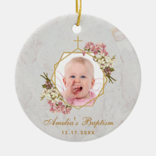 Ornamento De Cerâmica Rapariga Baptismo Orquídeas Rosa Floral Dourada M