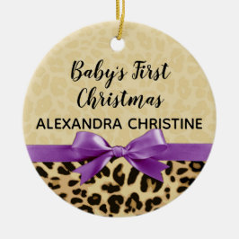 Ornamento De Cerâmica Rapariga Bebês Primeiro Natal Púrpura Leopardo