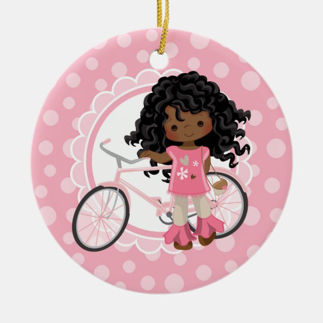 Ornamento De Cerâmica Rapariga Bicicleta Afro-Americana - Branca Rosa (Frente)