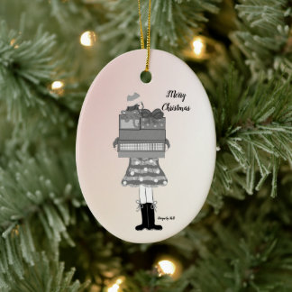 Ornamento De Cerâmica Rapariga de Natal em Preto e Branco
