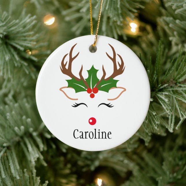 Ornamento De Cerâmica Rapariga de Natal Reindeer nariz vermelho (Árvore)