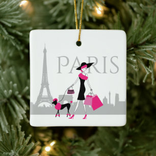 Ornamento De Cerâmica Rapariga e Poodle no Natal da Torre Eiffel em Pari