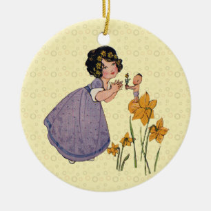 Ornamento De Cerâmica Rapariga Elf Fairy Daffodil Páscoa antiga