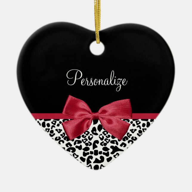 Ornamento De Cerâmica Rapariga Leopardo Imprime Fita Vermelha Brilhante  (Frente)