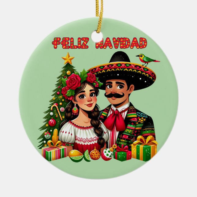 Ornamento De Cerâmica Rapariga mexicana árvore de natal Feliz Navidad (Frente)