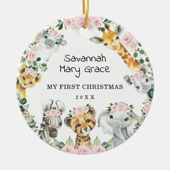 Ornamento De Cerâmica Rapariga Safari Animais Rosa Flores Bebê 1rua Nata (Frente)