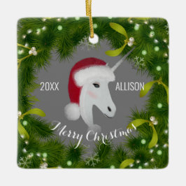 Ornamento De Cerâmica Rapariga verde do Unicórnio de Natal moderno