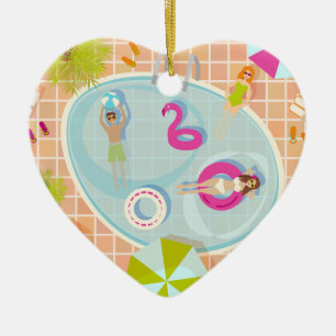 Ornamento De Cerâmica Raparigas Bikini e caras jogando piscina de nataçã