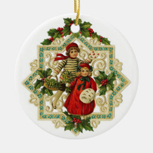 Ornamento De Cerâmica Raparigas de Natal em Floco de Neve Vintage bordad