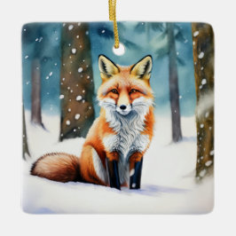 Ornamento De Cerâmica Raposa-De-Corte Na Floresta Coberta De Neve
